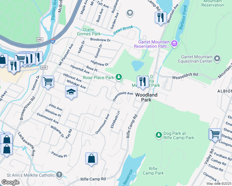 map of restaurants, bars, coffee shops, grocery stores, and more near 213 Overmount Avenue in Woodland Park
