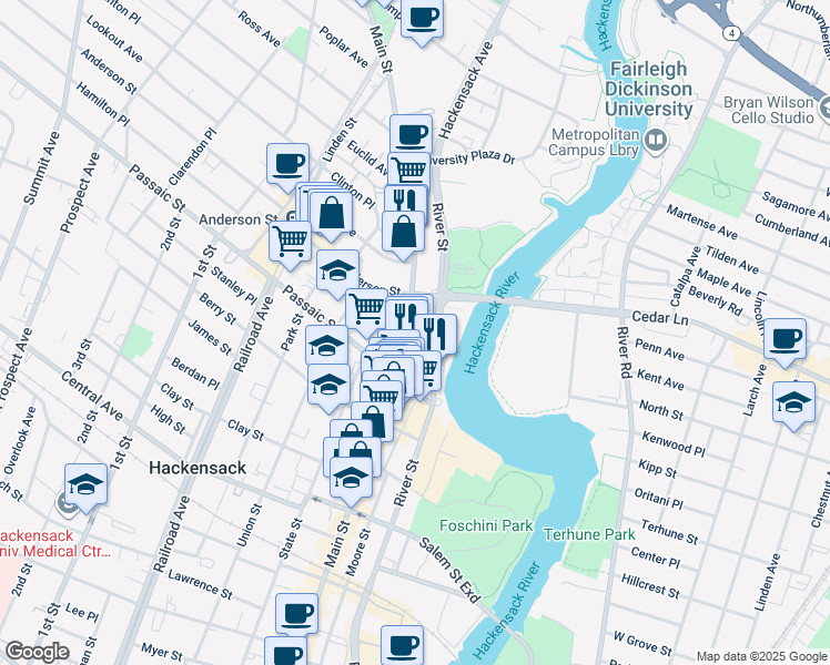 map of restaurants, bars, coffee shops, grocery stores, and more near 409 Main Street in Hackensack