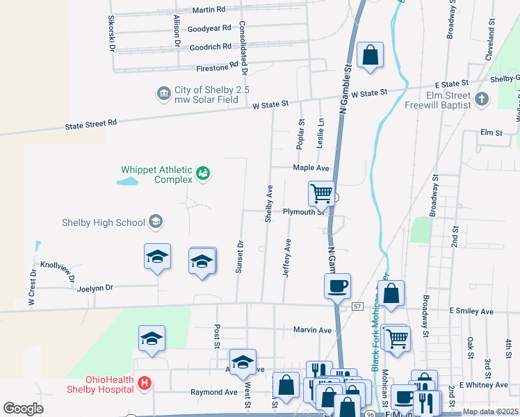 map of restaurants, bars, coffee shops, grocery stores, and more near 125 Plymouth Street in Shelby
