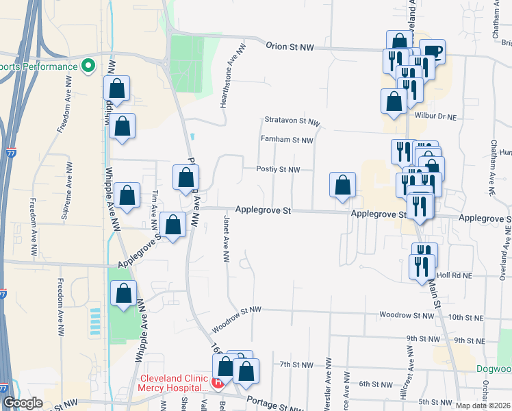 map of restaurants, bars, coffee shops, grocery stores, and more near 1425 Lupe Avenue Northwest in North Canton