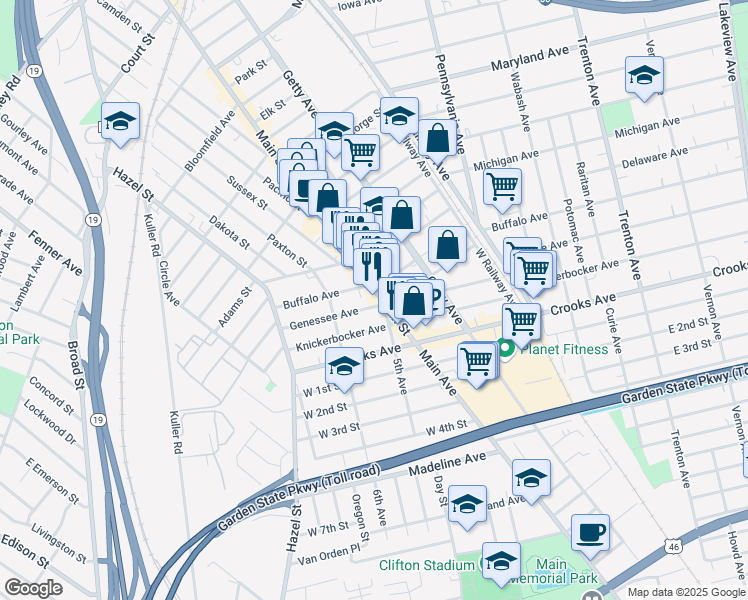 map of restaurants, bars, coffee shops, grocery stores, and more near 1090 Main Street in Paterson
