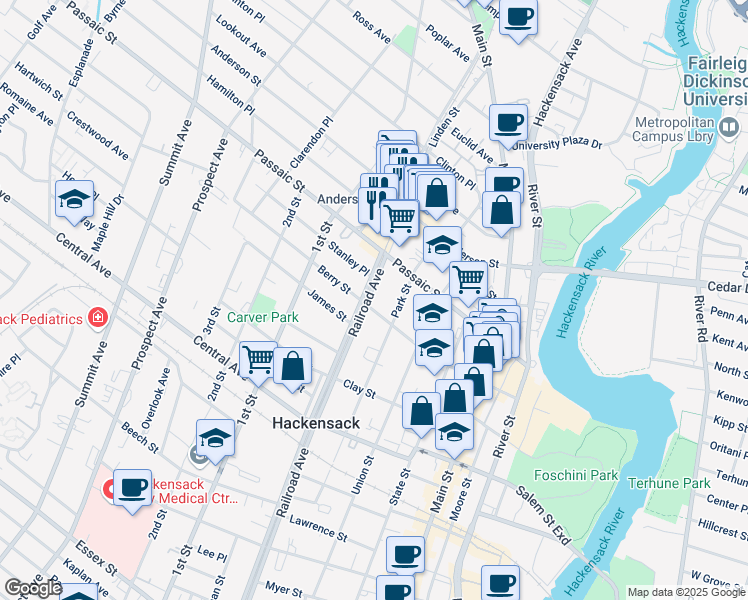 map of restaurants, bars, coffee shops, grocery stores, and more near 170 Berry Street in Hackensack