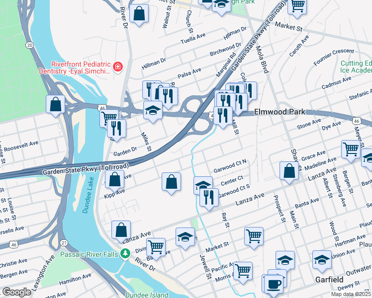 map of restaurants, bars, coffee shops, grocery stores, and more near 15 Craig Court in Elmwood Park