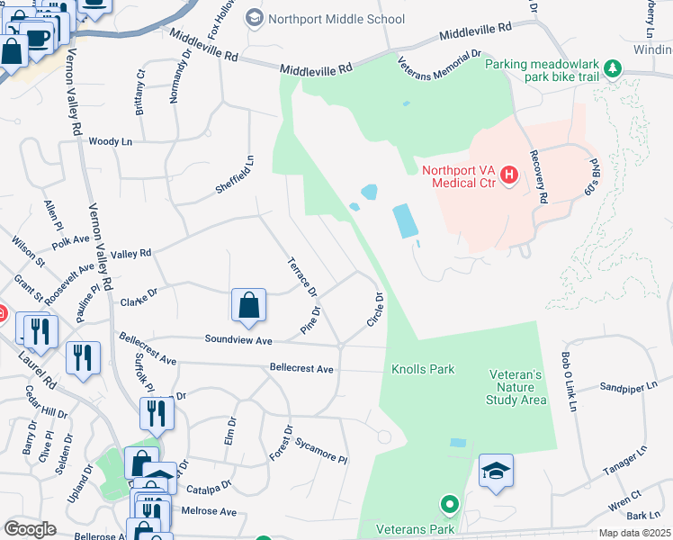 map of restaurants, bars, coffee shops, grocery stores, and more near 14 Kalmia Street in East Northport