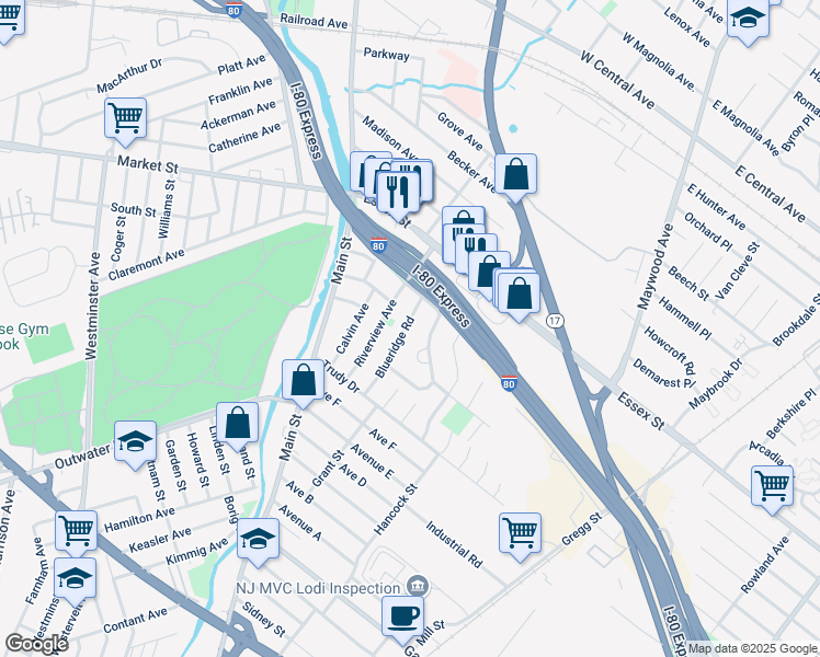 map of restaurants, bars, coffee shops, grocery stores, and more near 4 Blueridge Road in Lodi
