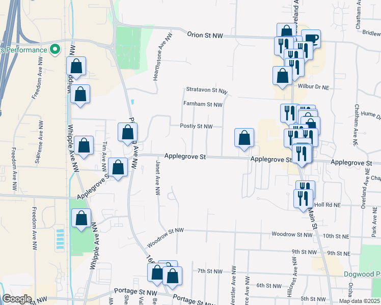 map of restaurants, bars, coffee shops, grocery stores, and more near 1425 Lupe Avenue Northwest in North Canton