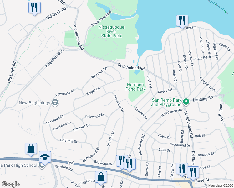 map of restaurants, bars, coffee shops, grocery stores, and more near 101 Boxwood Drive in Kings Park