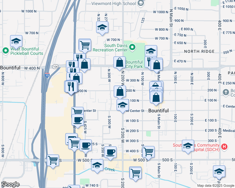 map of restaurants, bars, coffee shops, grocery stores, and more near 251 West 200 North in Bountiful