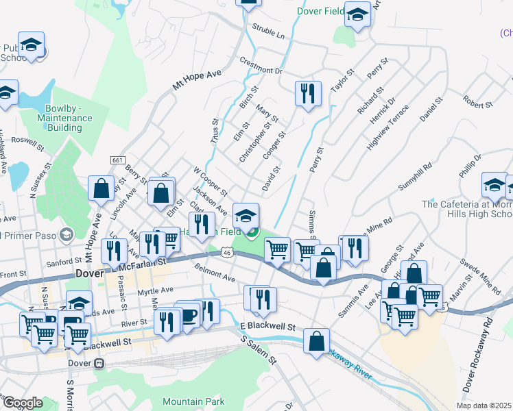 map of restaurants, bars, coffee shops, grocery stores, and more near 65 Mount Hope Avenue in Dover