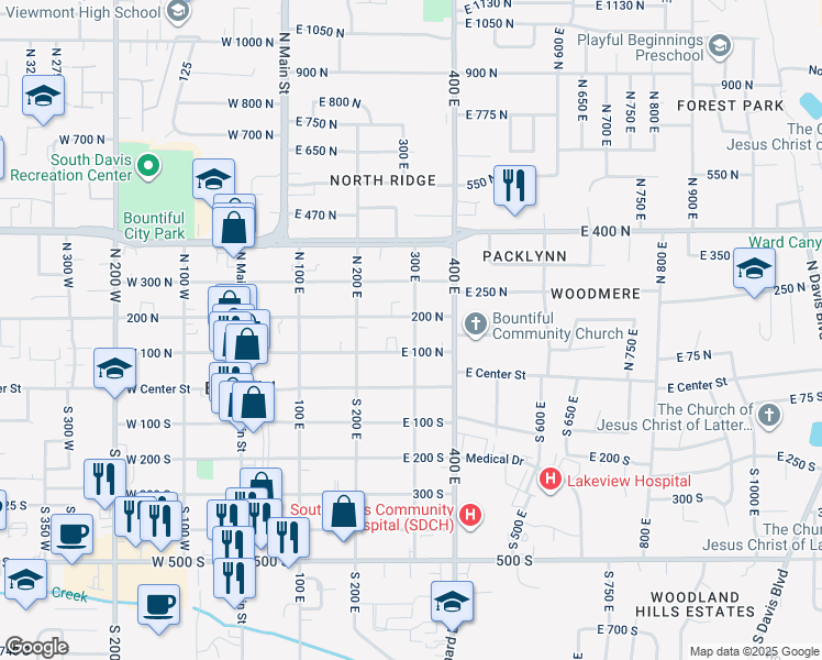 map of restaurants, bars, coffee shops, grocery stores, and more near 291 East 200 North in Bountiful