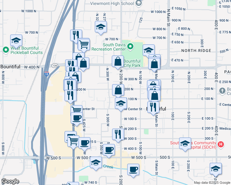 map of restaurants, bars, coffee shops, grocery stores, and more near 251 West 200 North in Bountiful