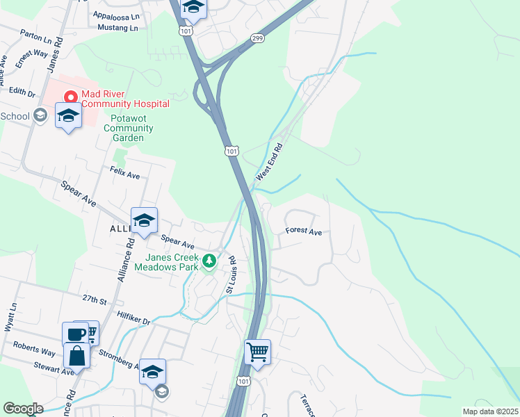 map of restaurants, bars, coffee shops, grocery stores, and more near 3505 L K Boulevard in Arcata