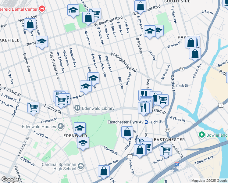 map of restaurants, bars, coffee shops, grocery stores, and more near 2182 Strang Avenue in Bronx