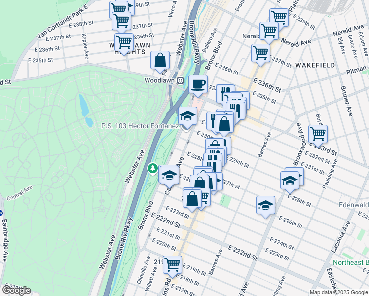 map of restaurants, bars, coffee shops, grocery stores, and more near 629 East 229th Street in Bronx