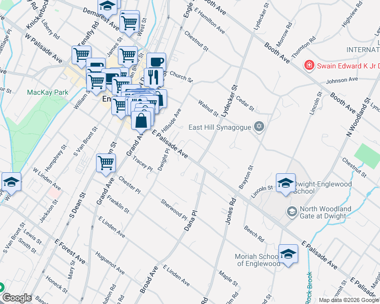 map of restaurants, bars, coffee shops, grocery stores, and more near 151 East Palisade Avenue in Englewood