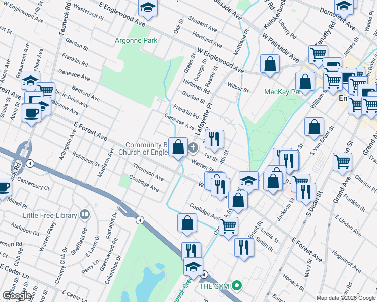map of restaurants, bars, coffee shops, grocery stores, and more near 231 Lafayette Place in Englewood