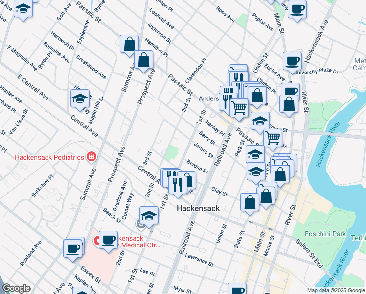 map of restaurants, bars, coffee shops, grocery stores, and more near 231 James Street in Hackensack