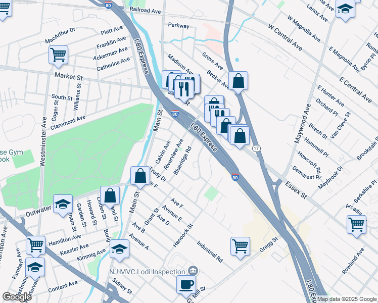 map of restaurants, bars, coffee shops, grocery stores, and more near 4 Blueridge Road in Lodi