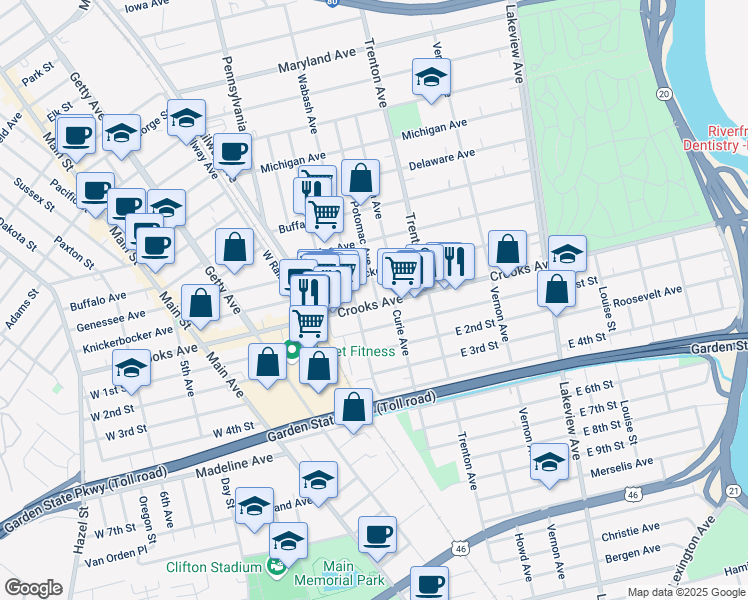 map of restaurants, bars, coffee shops, grocery stores, and more near in Paterson
