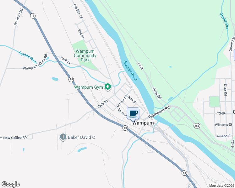 map of restaurants, bars, coffee shops, grocery stores, and more near 252 Kay Street in Wampum