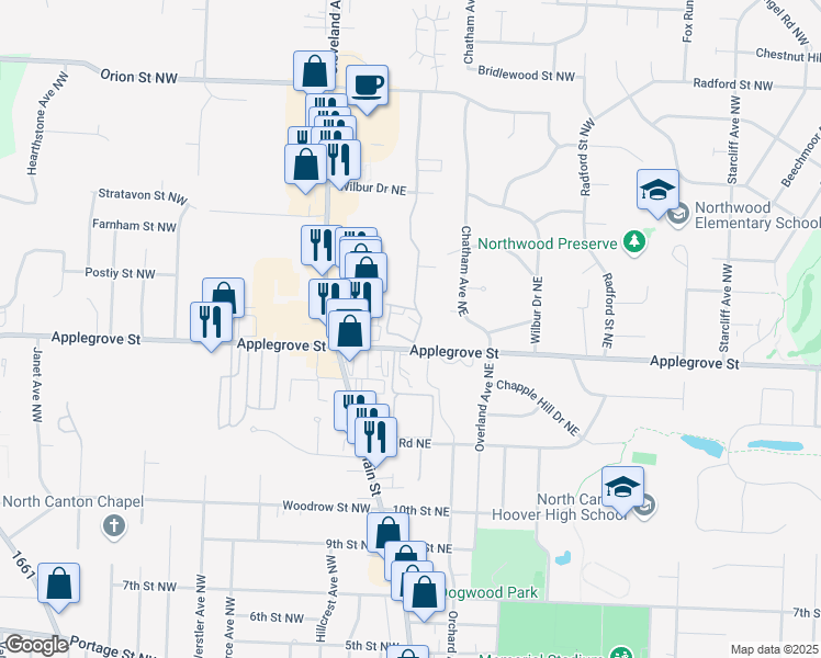 map of restaurants, bars, coffee shops, grocery stores, and more near 175 Applegrove Street Northeast in North Canton