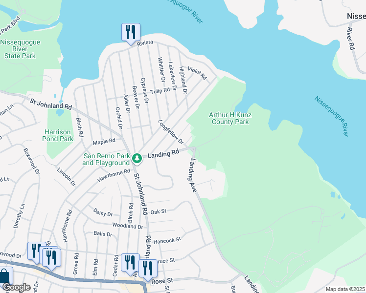 map of restaurants, bars, coffee shops, grocery stores, and more near 25 Acacia Road in Kings Park