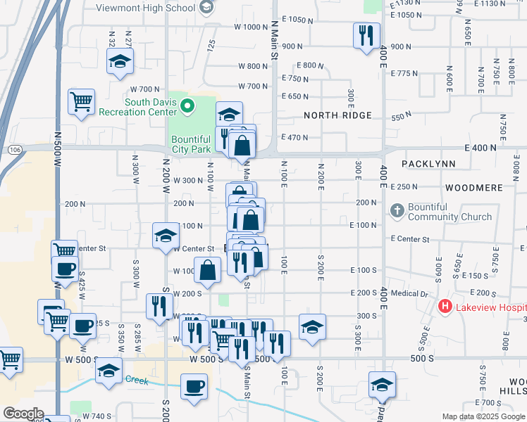 map of restaurants, bars, coffee shops, grocery stores, and more near 205 North 100 East in Bountiful