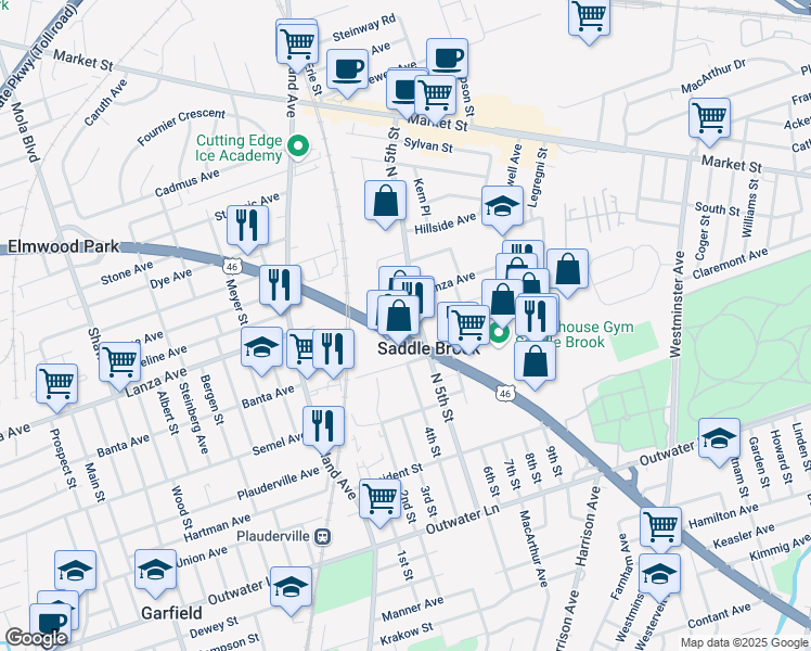 map of restaurants, bars, coffee shops, grocery stores, and more near 101 U.S. 46 in Saddle Brook