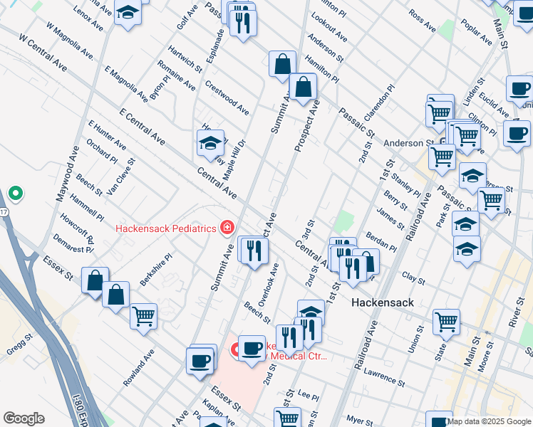 map of restaurants, bars, coffee shops, grocery stores, and more near 235 Prospect Avenue in Hackensack