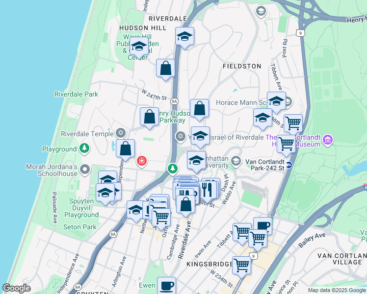 map of restaurants, bars, coffee shops, grocery stores, and more near Henry Hudson Parkway East in Bronx