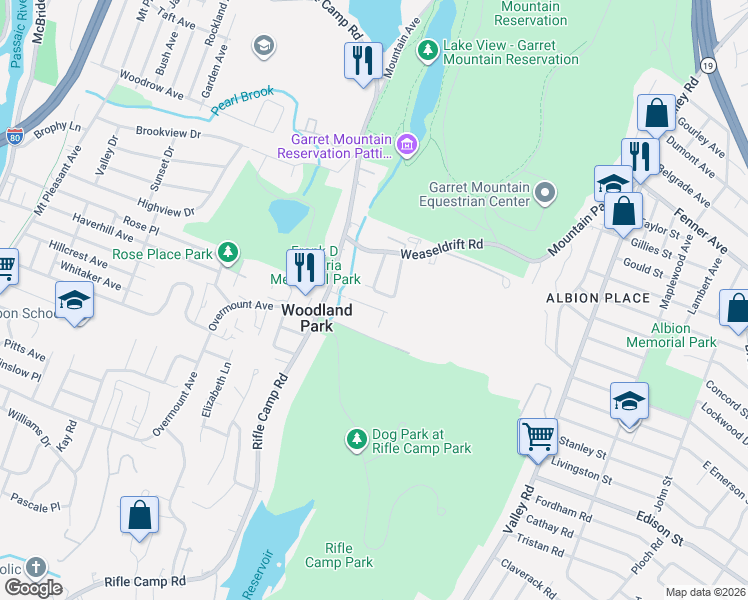 map of restaurants, bars, coffee shops, grocery stores, and more near 19 Park Drive in Woodland Park