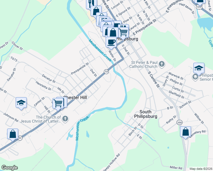 map of restaurants, bars, coffee shops, grocery stores, and more near 115 Walton Street in Philipsburg
