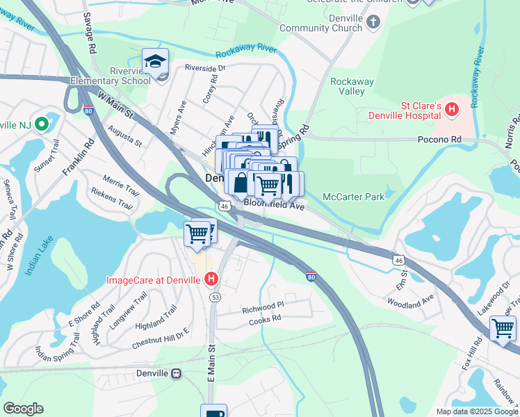 map of restaurants, bars, coffee shops, grocery stores, and more near 45 Bloomfield Avenue in Denville