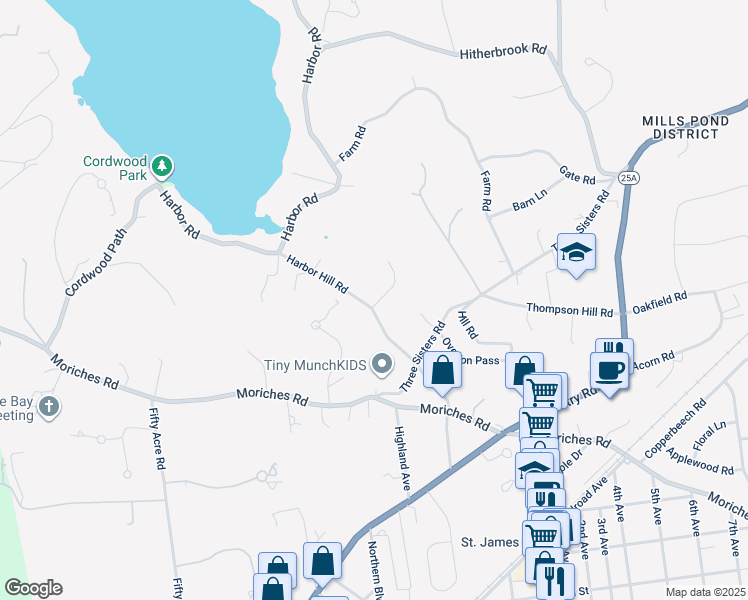 map of restaurants, bars, coffee shops, grocery stores, and more near 42 Harbor Hill Road in Saint James