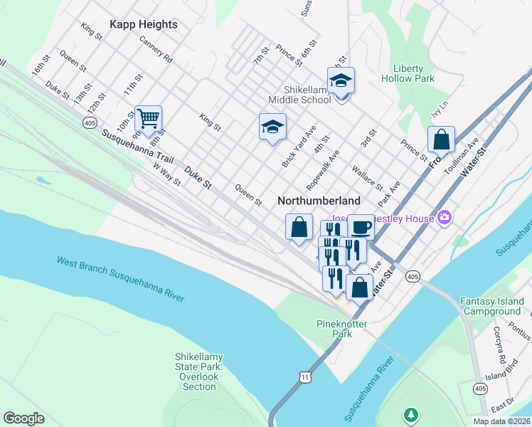 map of restaurants, bars, coffee shops, grocery stores, and more near 222 4th Street in Northumberland