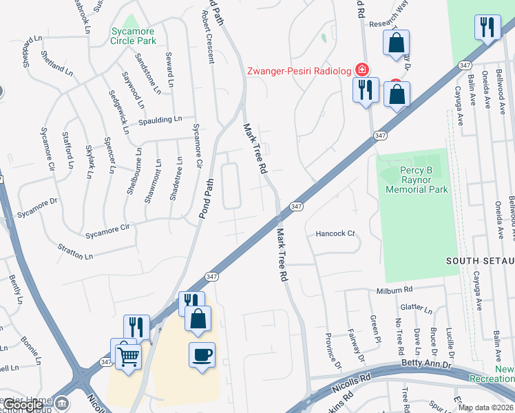 map of restaurants, bars, coffee shops, grocery stores, and more near 85 Krispin Lane in Setauket- East Setauket