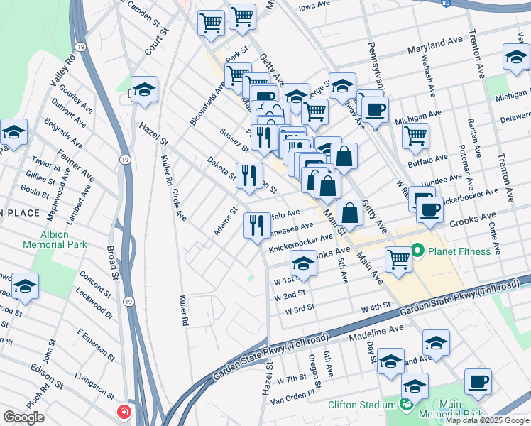 map of restaurants, bars, coffee shops, grocery stores, and more near 22 Dey Street in Paterson