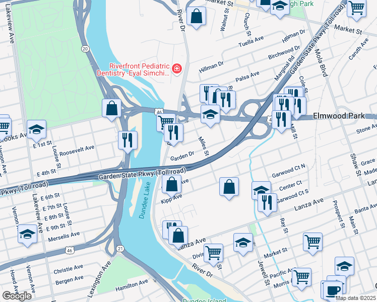 map of restaurants, bars, coffee shops, grocery stores, and more near 29 Garden Drive in Elmwood Park