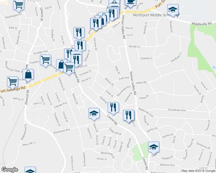 map of restaurants, bars, coffee shops, grocery stores, and more near 44 Polk Avenue in East Northport