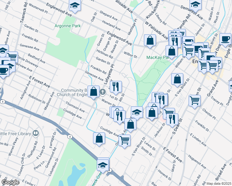 map of restaurants, bars, coffee shops, grocery stores, and more near 206 2nd Street in Englewood