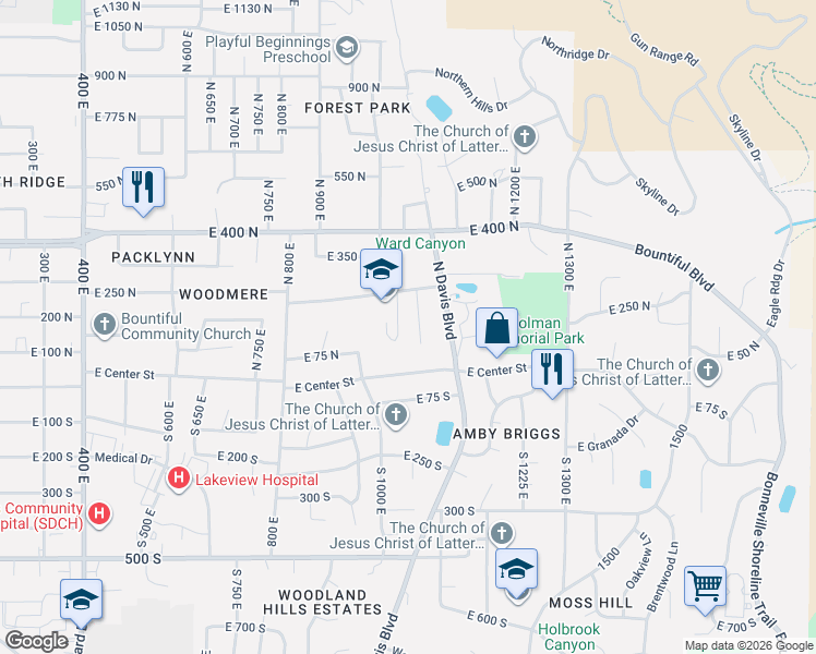map of restaurants, bars, coffee shops, grocery stores, and more near 161 North 1050 East in Bountiful
