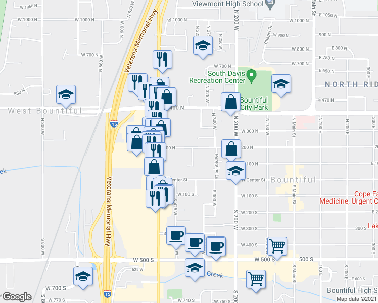 map of restaurants, bars, coffee shops, grocery stores, and more near 404 West 200 North in Bountiful