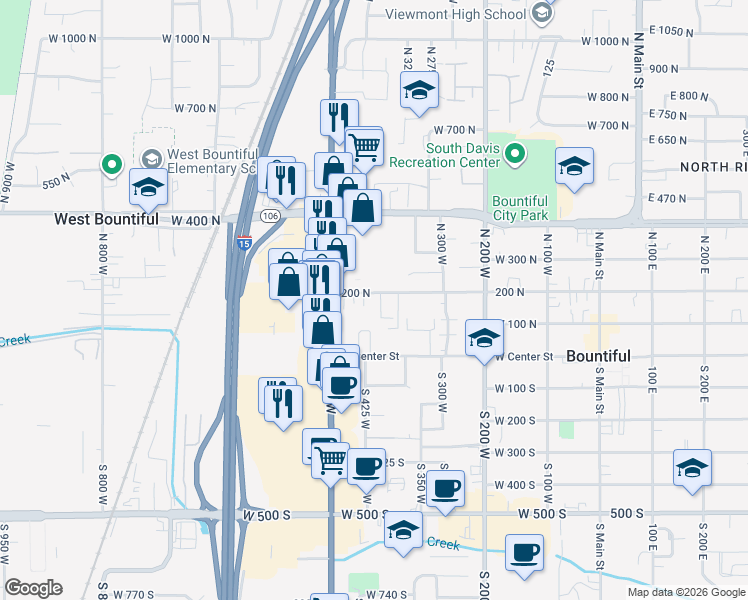 map of restaurants, bars, coffee shops, grocery stores, and more near 458 West 200 North in Bountiful