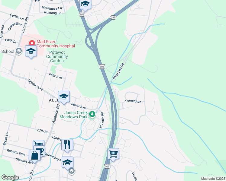 map of restaurants, bars, coffee shops, grocery stores, and more near 3505 L K Boulevard in Arcata