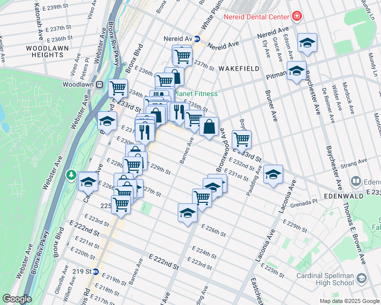 map of restaurants, bars, coffee shops, grocery stores, and more near in The Bronx