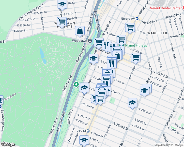map of restaurants, bars, coffee shops, grocery stores, and more near 629 East 229th Street in Bronx