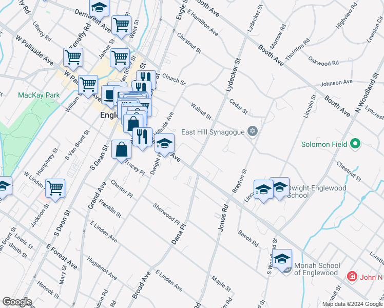 map of restaurants, bars, coffee shops, grocery stores, and more near 40 Lydecker Street in Englewood