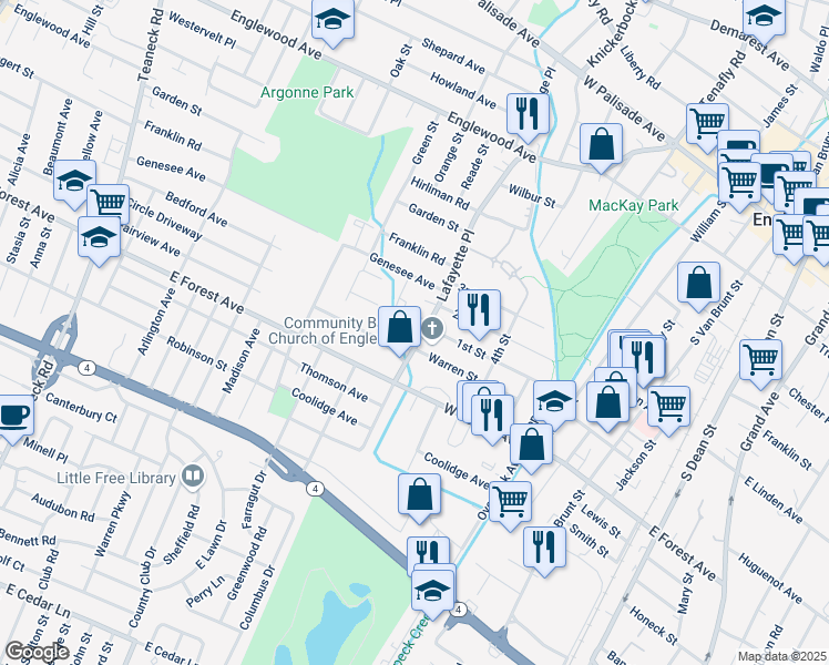 map of restaurants, bars, coffee shops, grocery stores, and more near 231 Lafayette Place in Englewood