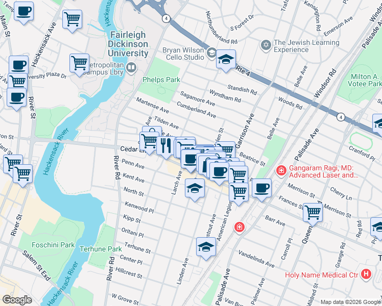 map of restaurants, bars, coffee shops, grocery stores, and more near 522 Maple Avenue in Teaneck