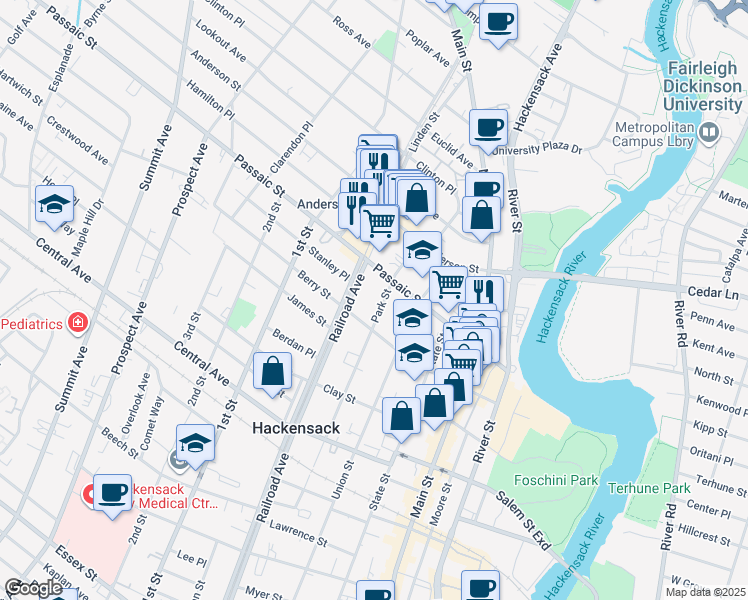 map of restaurants, bars, coffee shops, grocery stores, and more near 390 Railroad Avenue in Hackensack